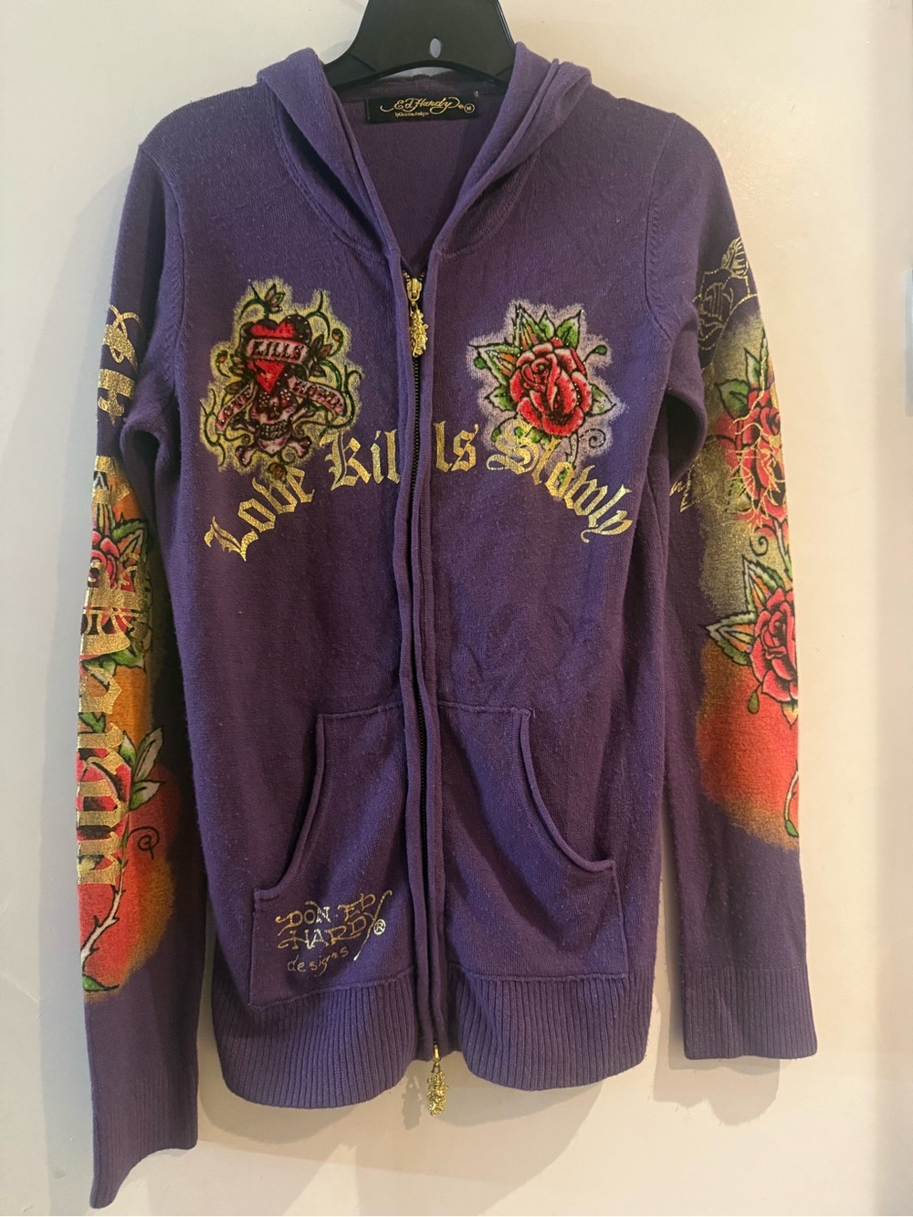 SUPER RARE Vintage Ed Hardy Purple Gold Skull  Graphic Knit Double Zip - Size M